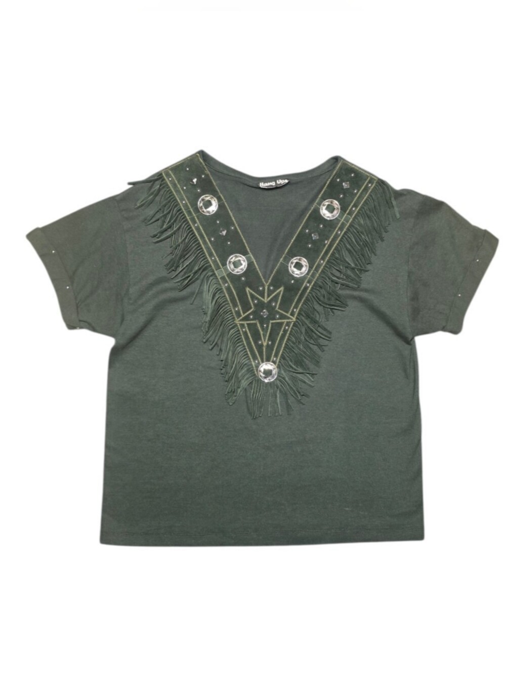 Vtg Hang Ups Deep Green Western Fringe Tee M/L